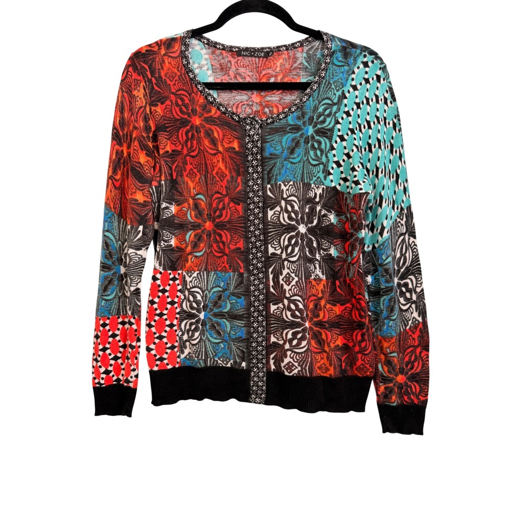 Nic + Zoe Women Patchwork Floral Silk Blend Snap Front Cardigan PM Multi Color